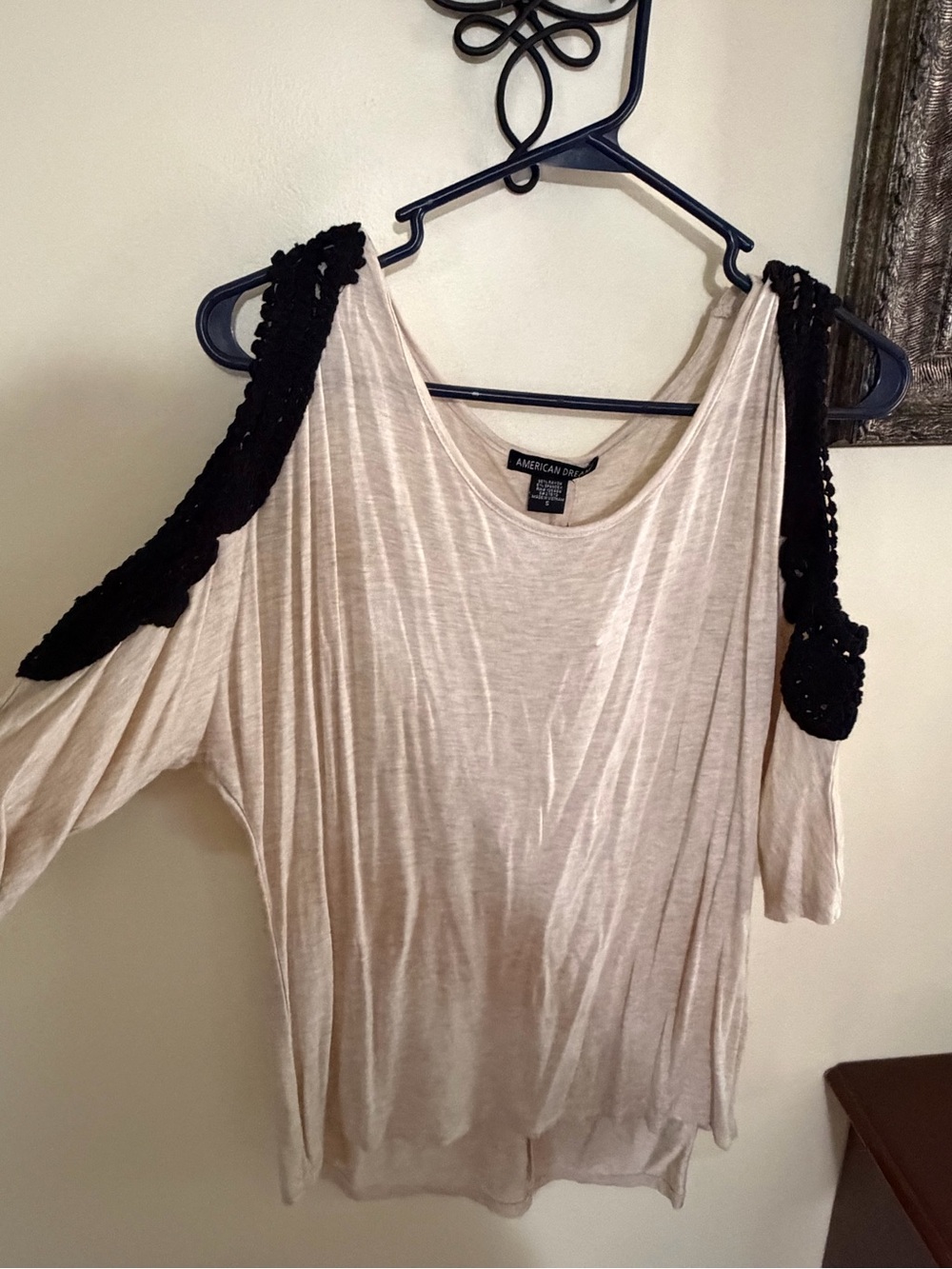American Dream Beige Cold-Shoulder Long Sleeve Top with Black Crochet Trim